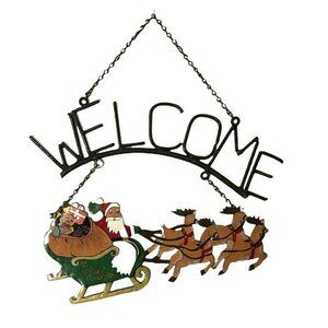 Metal Welcome Sign Santa Sleigh & Reindeer Christmas Decoration Vintage Holiday